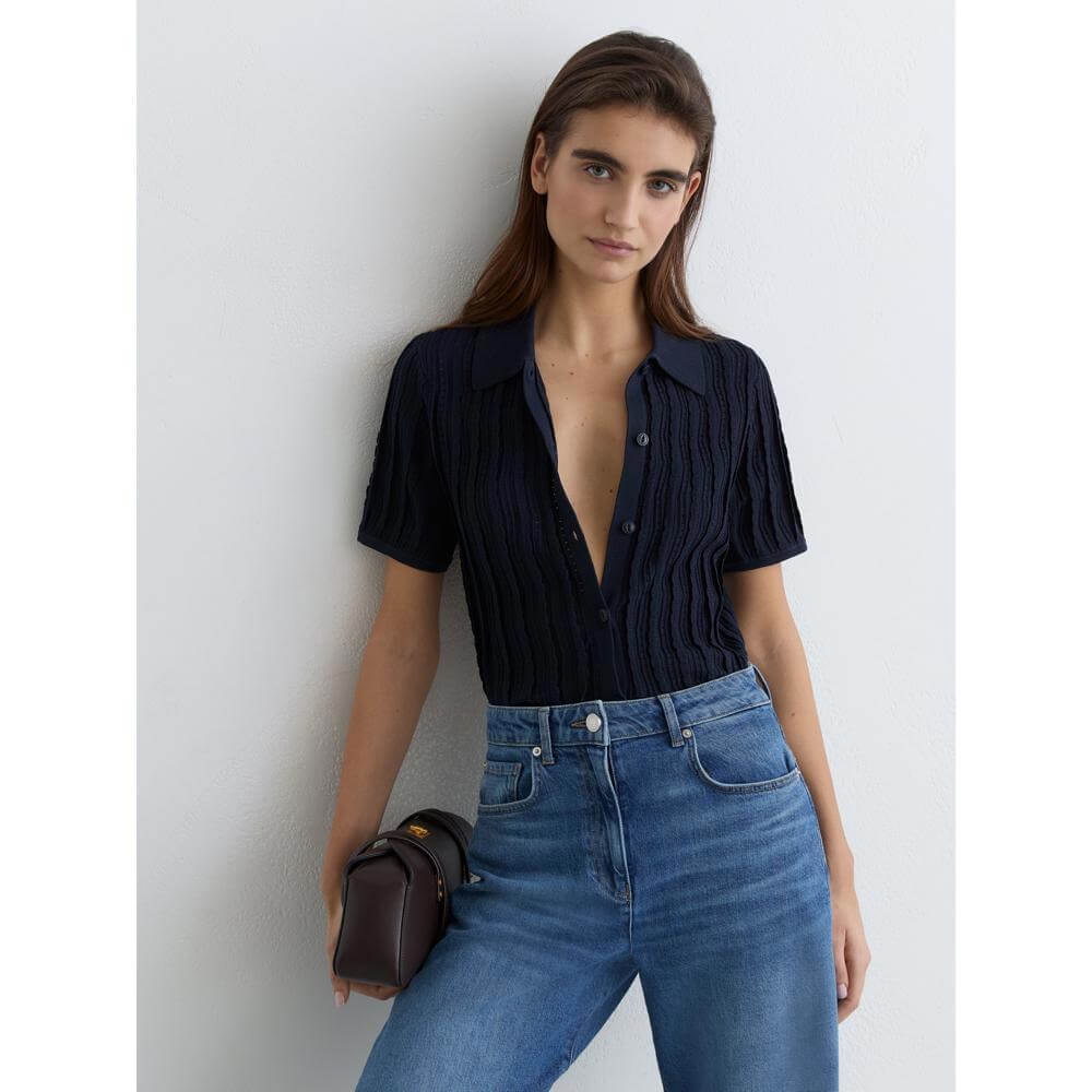 REISS Audrey Stitch-Detail Short-Sleeve Knitted Shirt